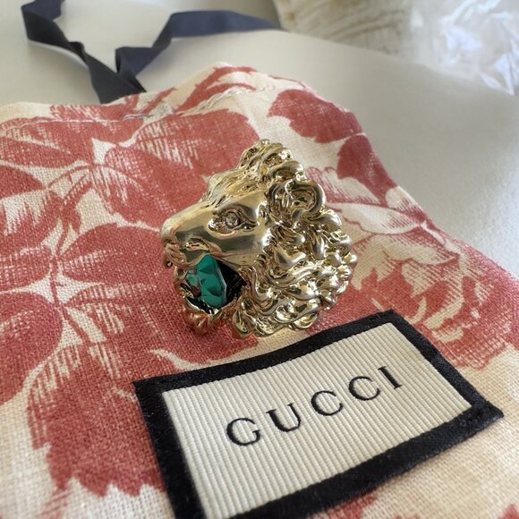 NEW Authentic Gucci Lion Head Motif Gemstone Ring In Gold & Green Sz M 7.5 US - Picture 5 of 9